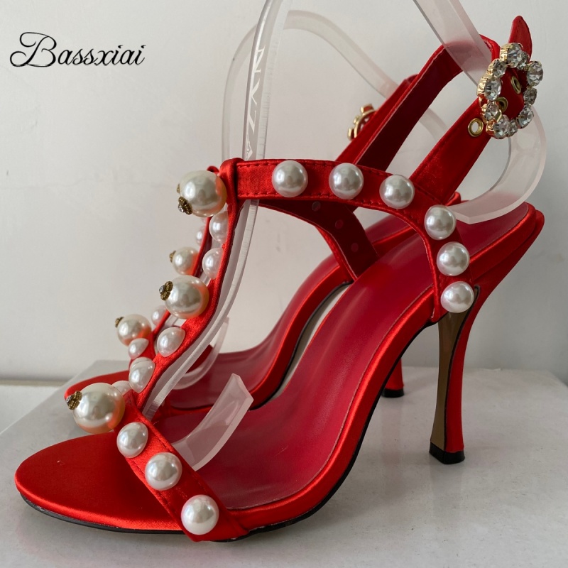 Sandal Strappy Heeled - Parel Kraal Decor T-Strap Naaldhak Sandalen