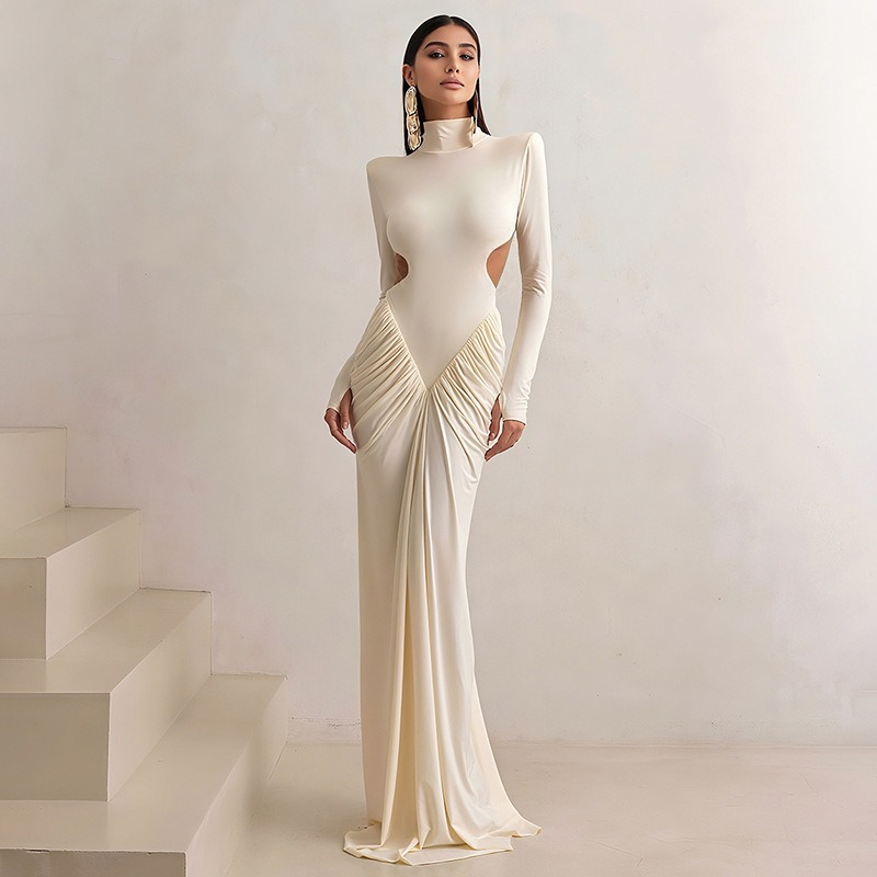 Maxi Dress Halter - Vrouwen backless lange jurk met turtleneck,
