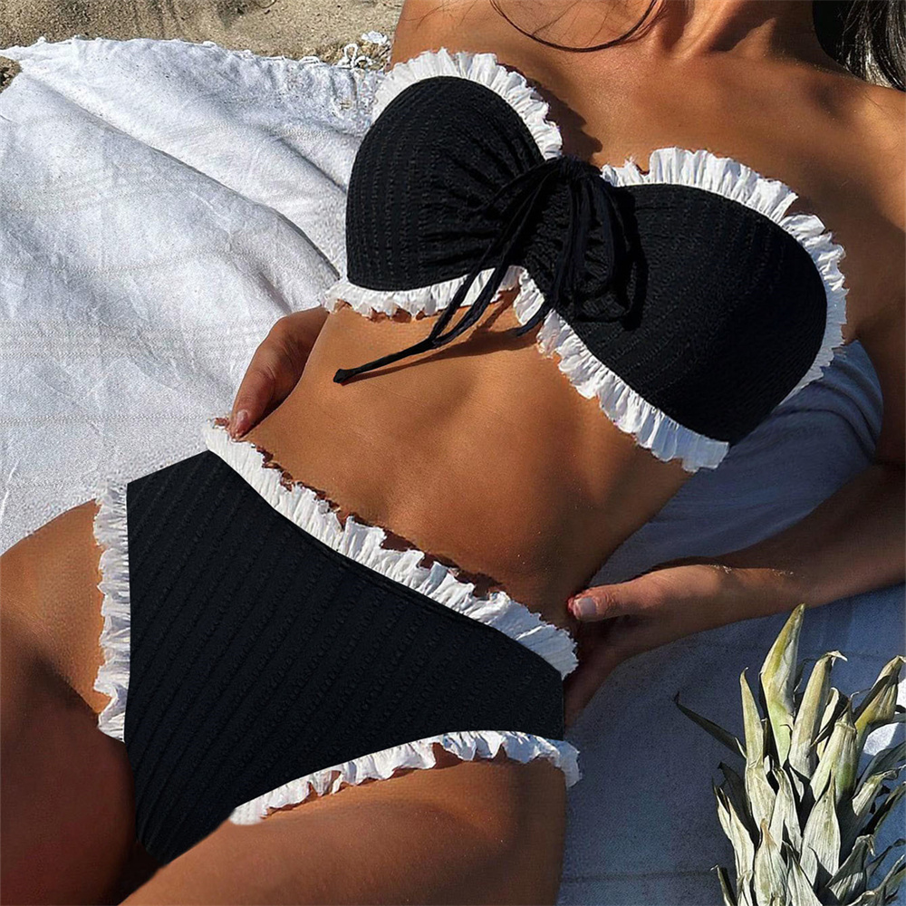 Swimsuit Bikini Ruched - Sexy zwart bandeau-badpak met witte gerimpelde
