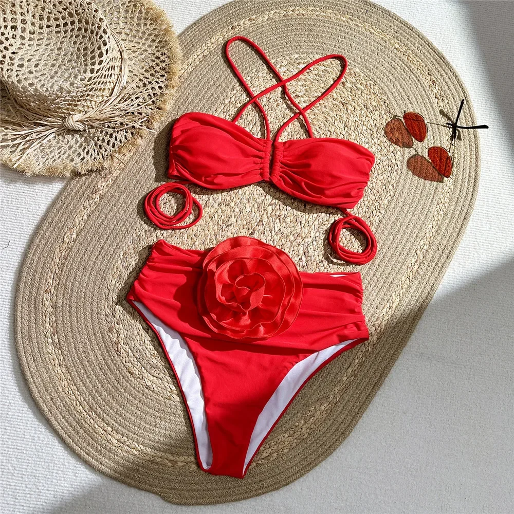 Swimsuit Bikini Ruched - Sexy Rode 3D Bloem Badmode Halter
