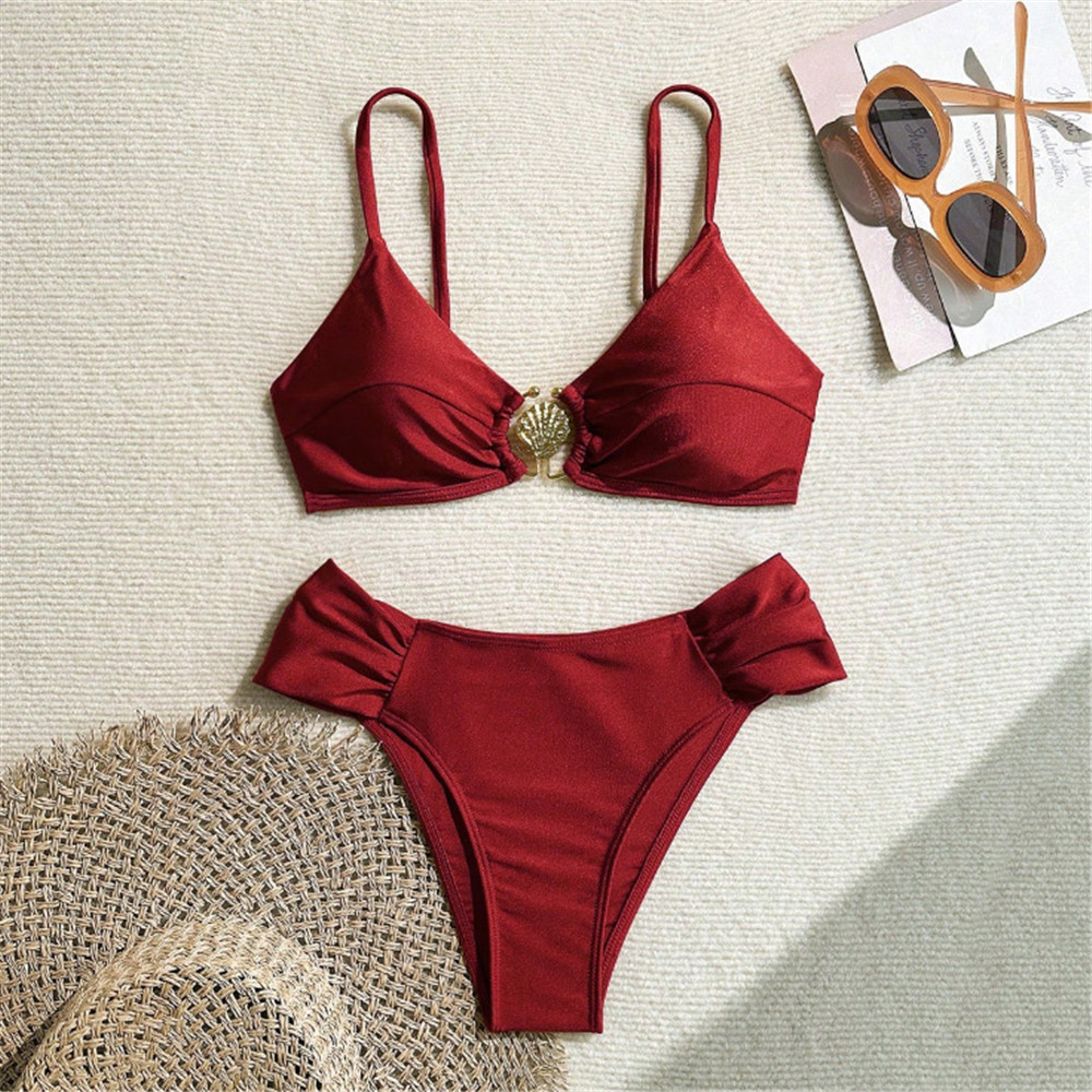 Swimsuit Bikini Ruched - Metal Shell Ring Badmode Sexy Wijnrood
