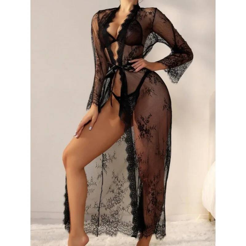 Zwarte kant doorschijnende lan - Kimono Sheer Floral recensie en prijs